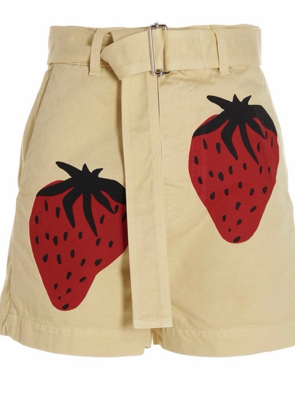 J.W. Anderson Beige High-Waist Belted Shorts with Red Strawberry Motif